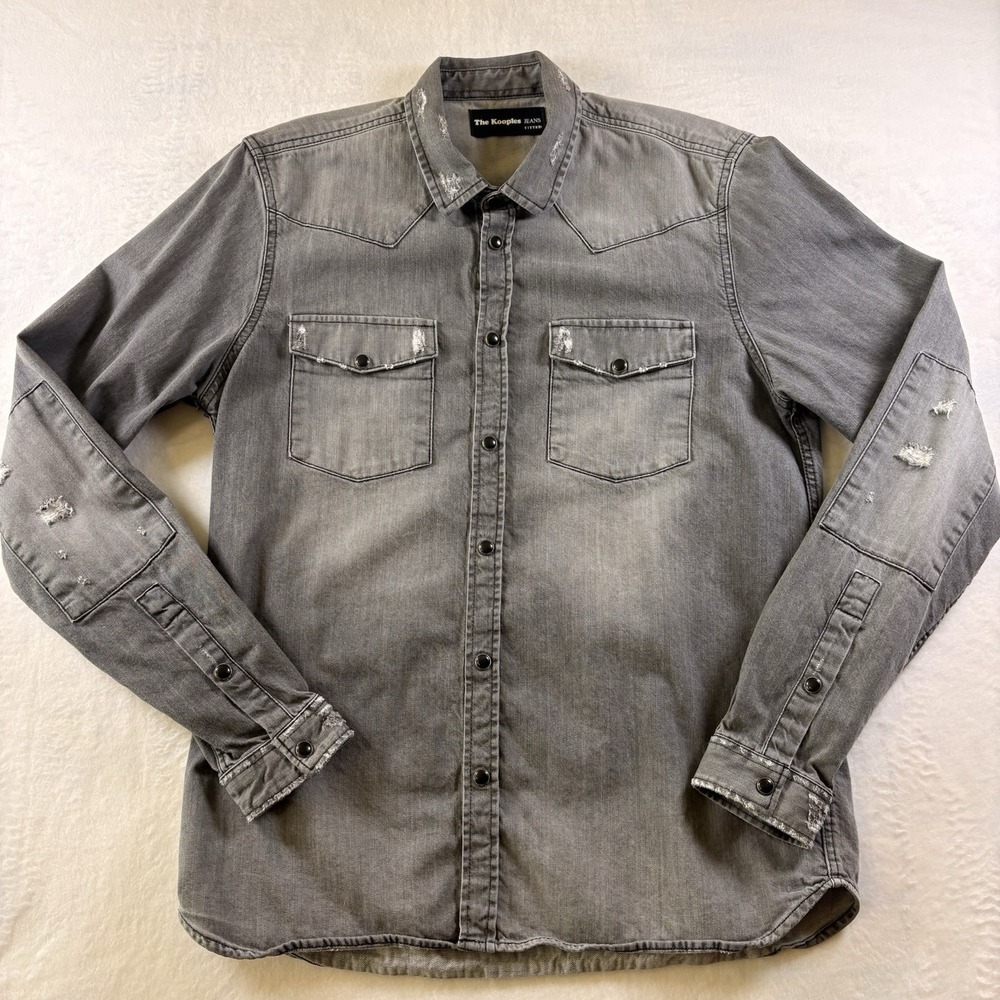 The Kooples Denim Shirt Distressed Western Mens size M Button Up Designer Gray